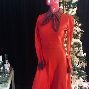 #vintage red wool jersey dress with plaid bow